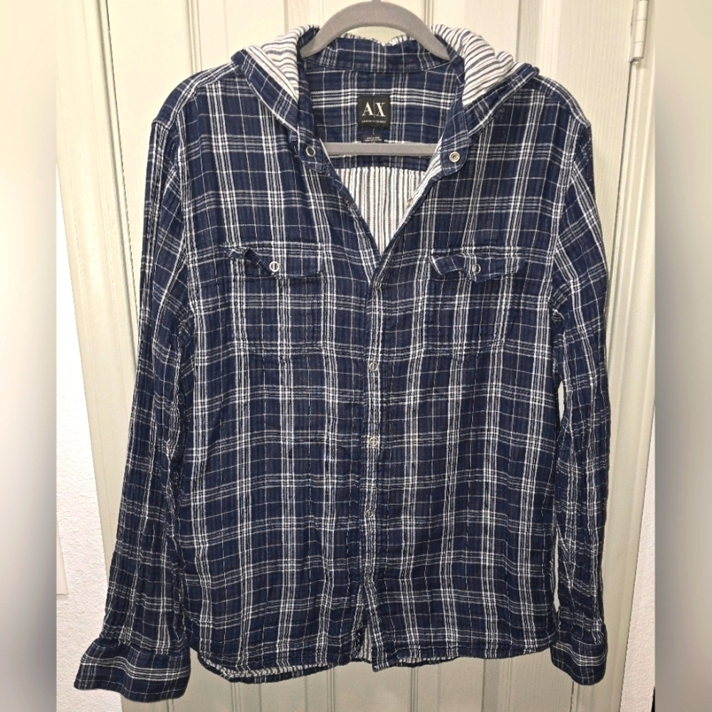 AX Armani Exchange Plaid Hooded Cotton Shirt Jacket Shacket Snap-up Women's L